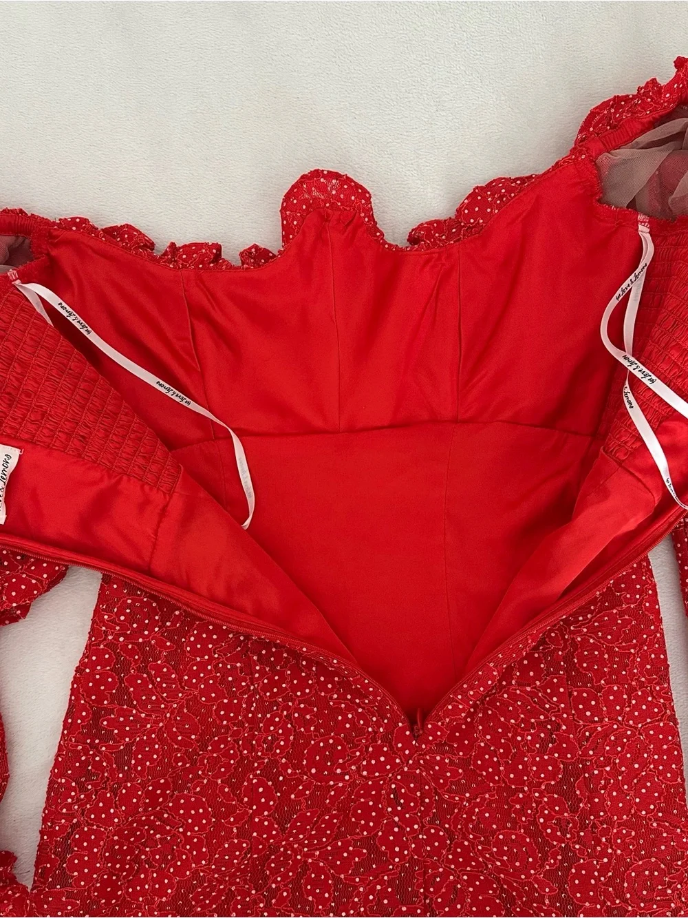 For Love And Lemons Clarisse Red & White Polkadot Mini Dress Off Shoulder XS